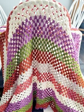 Hand Crafted Crochet Throw in Cream, Purple, Green, Rust & Pink